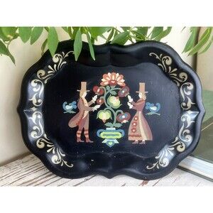 Vintage Metal Primitive Paint By Numbers On Black/Trinket Tray 9.5” x 7”